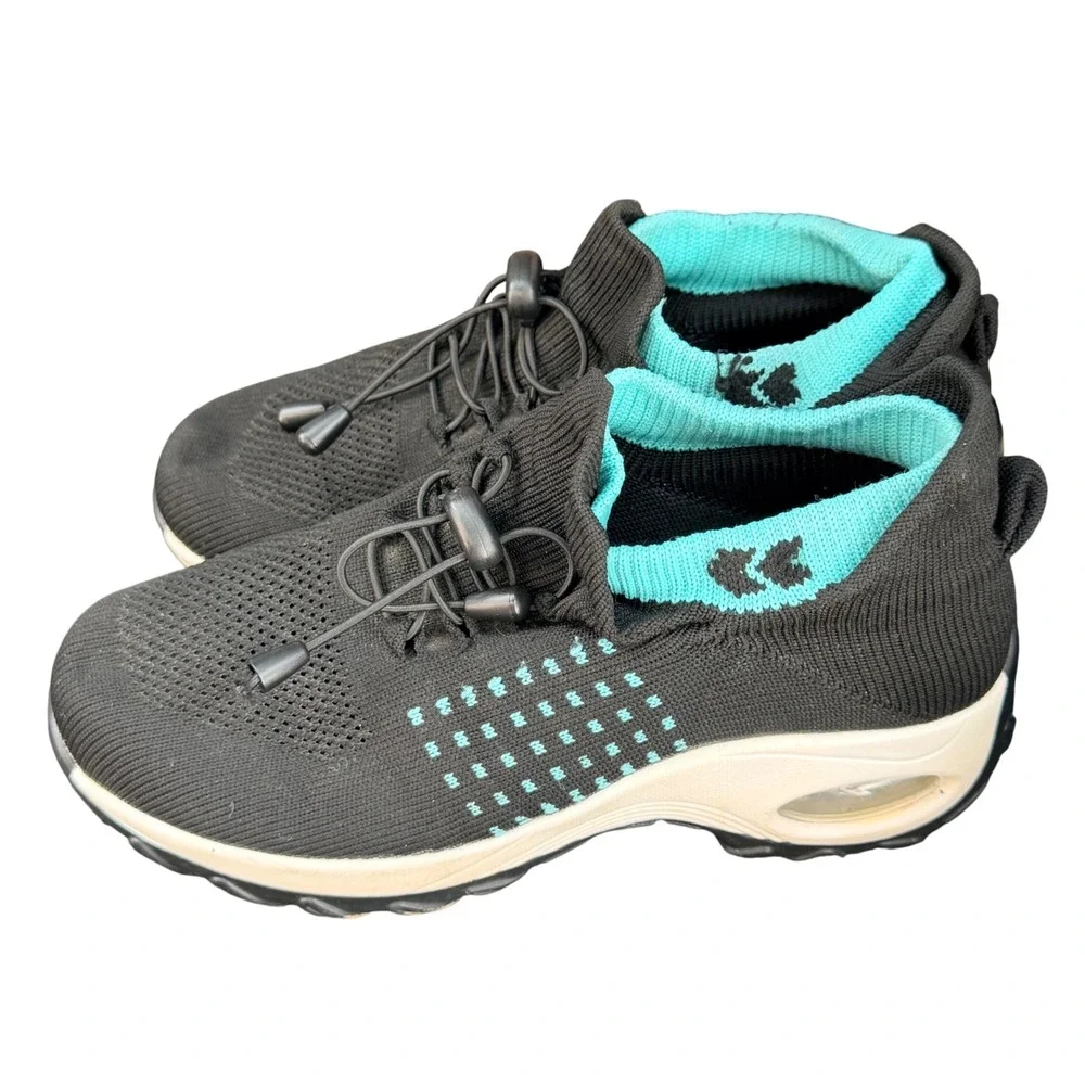 Walking Shoes Womens 38 Black Teal Knit Bungee Lace Air Cushion Sneakers